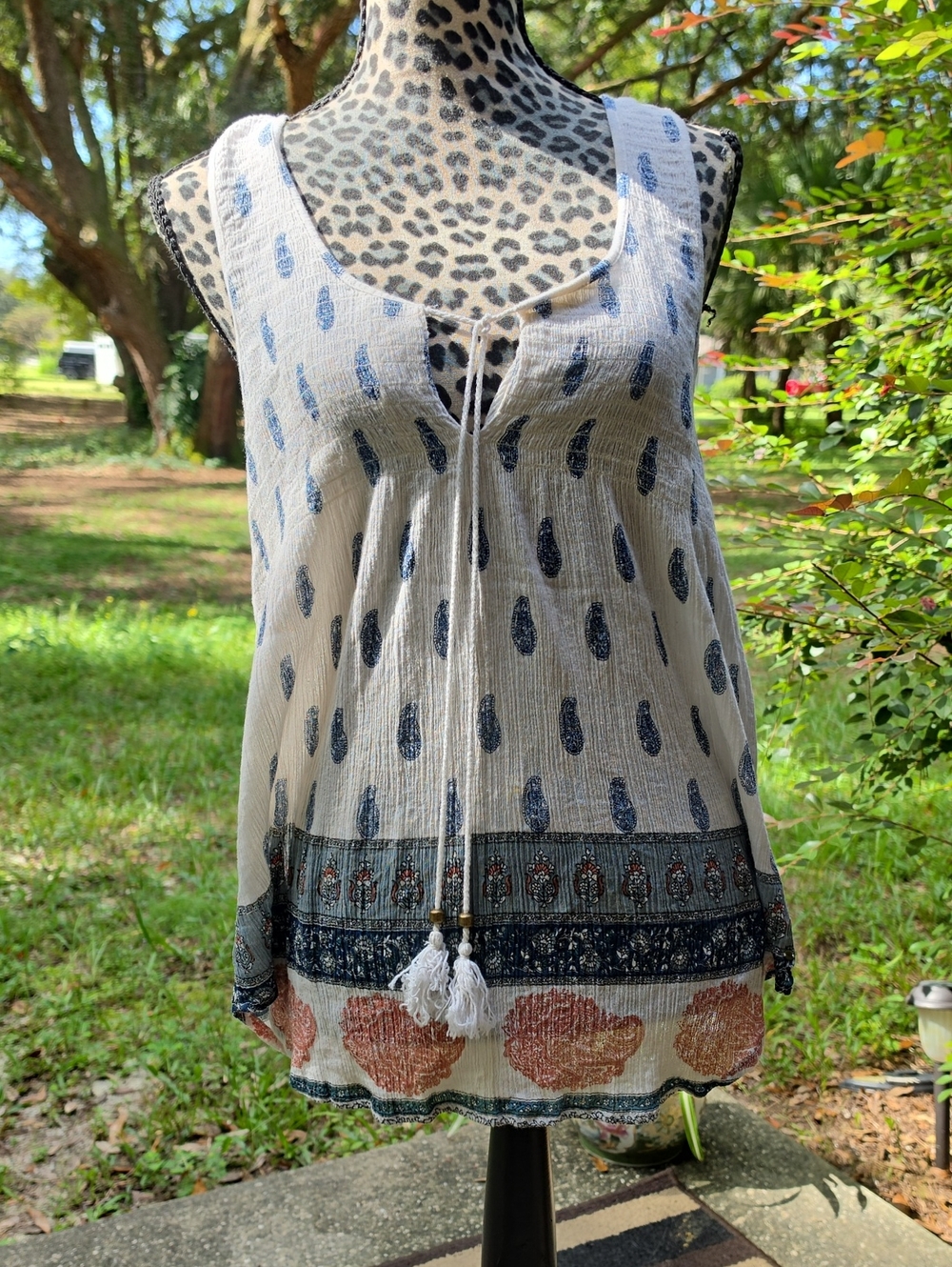 O'Neill White Boho Tassel Tie-Front Tank with Blue & Coral Accents